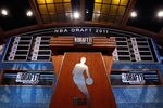 NEWARK, NJ - JUNE 23:  A general view of the draft board and podium on the stage during the 2011 NBA Draft at the Prudential Center on June 23, 2011 in Newark, New Jersey.  NOTE TO USER: User expressly acknowledges and agrees that, by downloading and/or using this Photograph, user is consenting to the terms and conditions of the Getty Images License Agreement.  (Photo by Mike Stobe/Getty Images)