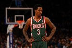 NEW YORK, NY - MARCH 26:  Brandon Jennings #3 of the Milwaukee Bucks looks on in the second half against the New York Knicks at Madison Square Garden on March 26, 2012 in New York City. NOTE TO USER: User expressly acknowledges and agrees that, by downloading and or using this photograph, User is consenting to the terms and conditions of the Getty Images License Agreement.  (Photo by Chris Chambers/Getty Images)