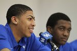 LEXINGTON, KY - APRIL 17:  Anthony Davis and Doron Lamb talk with the media during the news conference in which he announced they will enter the NBA draft at Joe Craft Center on April 17, 2012 in Lexington, Kentucky.  (Photo by Andy Lyons/Getty Images)