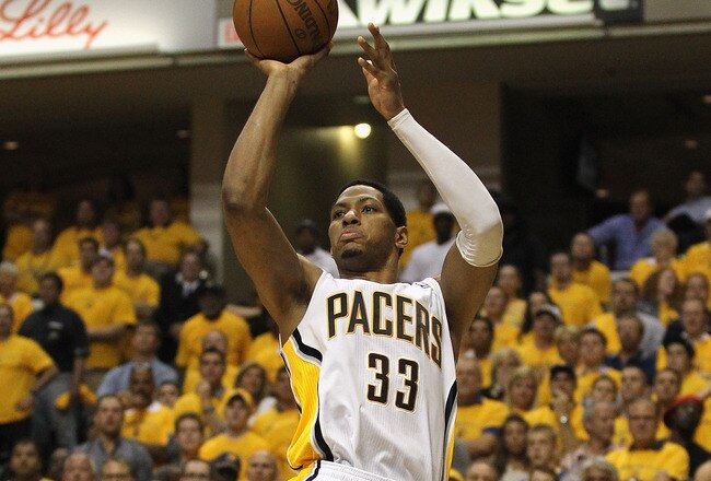 INDIANAPOLIS, IN - MAY 24: Danny Granger #33 of the Indiana Pacers shoots against the Miami Heat in Game Six of the Eastern Conference Semifinals in the 2012 NBA Playoffs at Bankers Life Fieldhouse on May 24, 2012 in Indianapolis, Indiana.The Heat defeated the Pacers 105-93 to win the series. NOTE TO USER: User expressly acknowledges and agrees that, by downloading and/or using this photograph, User is consenting to the terms and conditions of the Getty Images License Agreement.  (Photo by Jonathan Daniel/Getty Images)