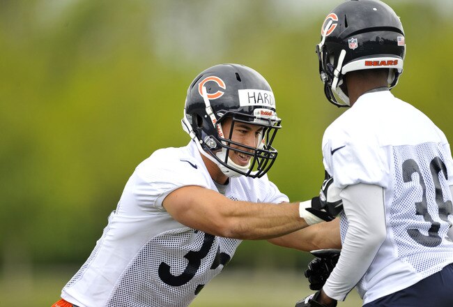 LAKE FOREST, IL - MAY 12:  Safety Brandon Hardin #35 works with cornerback Donovan Warren #36 of the Chicago Bears during rookie minicamp at Halas Hall on May 12, 2012 in Chicago, Illinois.  (Photo by Brian Kersey/Getty Images)