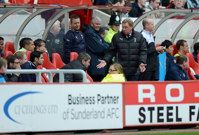 SUNDERLAND, ENGLAND - APRIL 07:  Tottenham manager Harry Redknapp speaks to his bench during the Barclay's Premier League match between Sunderland and Tottenham Hotspur at the Stadium of Light on April 7, 2012 in Sunderland, England.  (Photo by Gareth Copley/Getty Images)
