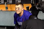 SAN FRANCISCO, CA - MAY 14:  Troy Tulowitzki #2 of the Colorado Rockies sits in the dugout in pain after getting hit in the left leg with a foul ball off the bat of teammate Dexter Fowler #24 in the eighth inning against the San Francisco Giants at AT&T Park on May 14, 2012 in San Francisco, California.  (Photo by Thearon W. Henderson/Getty Images)