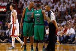 MIAMI, FL - MAY 28:  Ray Allen #20 and Rajon Rondo #9 of the Boston Celtics agruee with referee Dan Crawford #43 after a technical foul call against the Celtics in the first half against the Miami Heat  in Game One of the Eastern Conference Finals in the 2012 NBA Playoffs on May 28, 2012 at American Airlines Arena in Miami, Florida.  NOTE TO USER: User expressly acknowledges and agrees that, by downloading and or using this photograph, User is consenting to the terms and conditions of the Getty Images License Agreement.  (Photo by Mike Ehrmann/Getty Images)