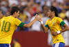 LANDOVER, MD - MAY 30: Neymar #11 (R) of Brazil celebrates with teammate Oscar #10 after Neymar scored the first goal against USA during an International friendly game at FedExField on May 30, 2012 in Landover, Maryland.  (Photo by Rob Carr/Getty Images)