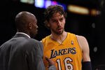 LOS ANGELES, CA - APRIL 17:  Pau Gasol #16 of the Los Angeles Lakers talks with Kobe Bryant #24 during a 112-91 loss to the San Antonio Spurs at Staples Center on April 17, 2012 in Los Angeles, California.  NOTE TO USER: User expressly acknowledges and agrees that, by downloading and or using this photograph, User is consenting to the terms and conditions of the Getty Images License Agreement.  (Photo by Harry How/Getty Images)