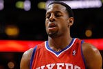 MIAMI, FL - JANUARY 21: Andre Iguodala #9 of the Philadelphia 76ers looks on during a game against the Miami Heat at American Airlines Arena on January 21, 2012 in Miami, Florida. NOTE TO USER: User expressly acknowledges and agrees that, by downloading and/or using this Photograph, User is consenting to the terms and conditions of the Getty Images License Agreement.  (Photo by Mike Ehrmann/Getty Images)