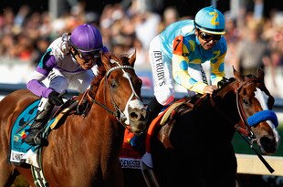 BALTIMORE, MD - MAY 19:  Mario Gutierrez on I'll Have Another edges out Bodemeister riden by Mike Smith to win the 137th Preakness Stakes at Pimlico Race Course on May 19, 2012 in Baltimore, Maryland.  (Photo by Rob Carr/Getty Images)