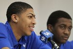 LEXINGTON, KY - APRIL 17:  Anthony Davis and Doron Lamb talk with the media during the news conference in which he announced they will enter the NBA draft at Joe Craft Center on April 17, 2012 in Lexington, Kentucky.  (Photo by Andy Lyons/Getty Images)