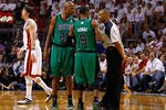 MIAMI, FL - MAY 28:  Ray Allen #20 and Rajon Rondo #9 of the Boston Celtics agruee with referee Dan Crawford #43 after a technical foul call against the Celtics in the first half against the Miami Heat  in Game One of the Eastern Conference Finals in the 2012 NBA Playoffs on May 28, 2012 at American Airlines Arena in Miami, Florida.  NOTE TO USER: User expressly acknowledges and agrees that, by downloading and or using this photograph, User is consenting to the terms and conditions of the Getty Images License Agreement.  (Photo by Mike Ehrmann/Getty Images)