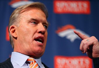 ENGLEWOOD, CO - MARCH 20:  Executive vice president of football operations John Elway speaks during a news conference announcing quarterback Peyton Manning's contract with the Denver Broncos in the team meeting room at the Paul D. Bowlen Memorial Broncos Centre on March 20, 2012 in Englewood, Colorado. Manning, entering his 15th NFL season, was released by the Indianapolis Colts on March 7, 2012, where he had played his whole career. It has been reported that Manning will sign a five-year, $96 million offer.  (Photo by Doug Pensinger/Getty Images)