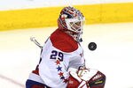 WINNIPEG, CANADA - MARCH 16: Tomas Vokoun #29 of the Washington Capitals blocks a shot on goal in a game against the Winnipeg Jets in NHL action at the MTS Centre on March 16, 2012 in Winnipeg, Manitoba, Canada. (Photo by Marianne Helm/Getty Images)