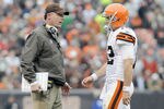 CLEVELAND, OH - NOVEMBER 20: Head coach Pat Shurmur talks with quarterback Colt McCoy #12 of the Cleveland Browns during the second quarter at Cleveland Browns Stadium on November 20, 2011 in Cleveland, Ohio. (Photo by Jason Miller/Getty Images)