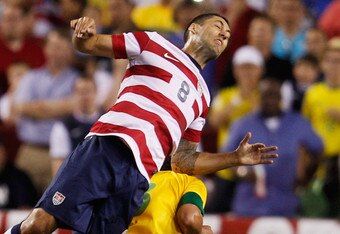 LANDOVER, MD - MAY 30:  Clint Dempsey #8 of USA heads the ball against Brazil during an International friendly game at FedExField on May 30, 2012 in Landover, Maryland.  (Photo by Rob Carr/Getty Images)