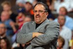 DENVER, CO - APRIL 22:  Head coach Stan Van Gundy leads the Orlando Magic against the Denver Nuggets at Pepsi Center on April 22, 2012 in Denver, Colorado. The Nuggets defeated the Magic 101-74. NOTE TO USER: User expressly acknowledges and agrees that, by downloading and or using this photograph, User is consenting to the terms and conditions of the Getty Images License Agreement.  (Photo by Doug Pensinger/Getty Images)