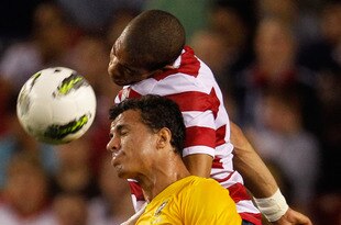 LANDOVER, MD - MAY 30: Leandro Damiao #9 of Brazil and Oguchi Onyewu #5 of USA head the ball during an International friendly game at FedExField on May 30, 2012 in Landover, Maryland.  (Photo by Rob Carr/Getty Images)
