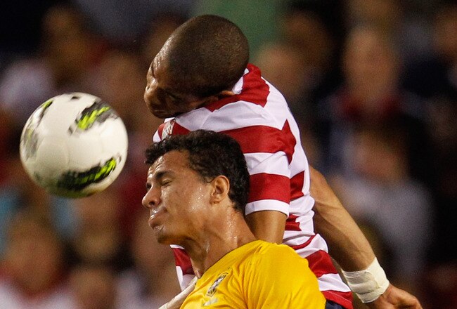 LANDOVER, MD - MAY 30: Leandro Damiao #9 of Brazil and Oguchi Onyewu #5 of USA head the ball during an International friendly game at FedExField on May 30, 2012 in Landover, Maryland.  (Photo by Rob Carr/Getty Images)