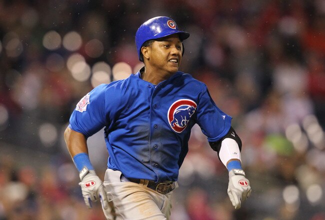 PHILADELPHIA - APRIL 28: Shortstop Starlin Castro #13 of the Chicago Cubs runs to first base during a game against the Philadelphia Phillies at Citizens Bank Park on April 28, 2012 in Philadelphia, Pennsylvania. The Phillies won 5-2. (Photo by Hunter Martin/Getty Images)