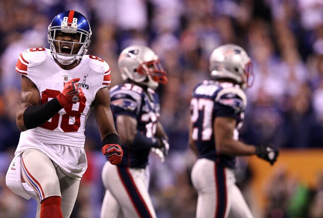 INDIANAPOLIS, IN - FEBRUARY 05:  Hakeem Nicks #88 of the New York Giants reacts after a play against the New England Patriots during Super Bowl XLVI at Lucas Oil Stadium on February 5, 2012 in Indianapolis, Indiana.  (Photo by Elsa/Getty Images)