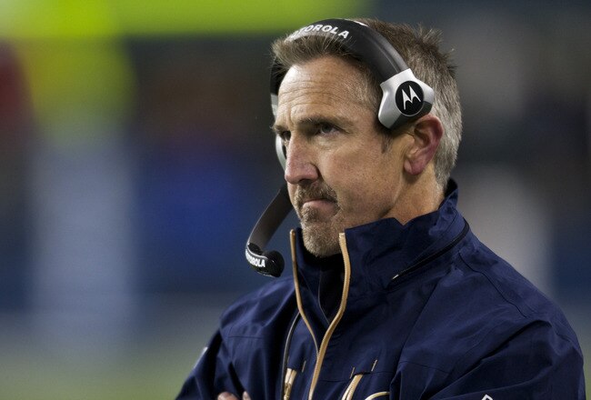 SEATTLE, WA - DECEMBER 12:  Head coach Steve Spagnuolo of the St. Louis Rams reacts to a play against the Seattle Seahawks at CenturyLink Field December 12, 2011 in Seattle, Washington. Seattle won 33-13. (Photo by Jay Drowns/Getty Images)