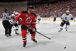 NEWARK, NJ - MAY 30:  Bryce Salvador #24 of the New Jersey Devils skates for the puck against the Los Angeles Kings during Game One of the 2012 NHL Stanley Cup Final at the Prudential Center on May 30, 2012 in Newark, New Jersey.  (Photo by Bruce Bennett/Getty Images)
