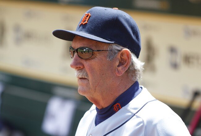OAKLAND, CA - MAY 13:  Jim Leyland #10 of the Detroit Tigers stands in the dugout during the first inning against the Oakland Athletics at O.co Coliseum on May 13, 2012 in Oakland, California. (Photo by Jason O. Watson/Getty Images)