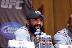 NEW YORK - MARCH 06:   UFC welterweight Johny Hendricks (L) speaks at a press conference at Radio City Music Hall, as heavyweight Lavar Johnson (R) listens, on March 06, 2012 in New York City.  UFC announced that their third event on the FOX network will take place on Saturday, May 5 from the IZOD Center in East Rutherford, N.J.. (Photo by Michael Nagle/Getty Images)