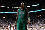 MIAMI, FL - MAY 30:  Kevin Garnett #5 of the Boston Celtics stands on the court with his head down against the Miami Heat in Game Two of the Eastern Conference Finals in the 2012 NBA Playoffs on May 30, 2012 at American Airlines Arena in Miami, Florida. NOTE TO USER: User expressly acknowledges and agrees that, by downloading and or using this photograph, User is consenting to the terms and conditions of the Getty Images License Agreement.  (Photo by Mike Ehrmann/Getty Images)