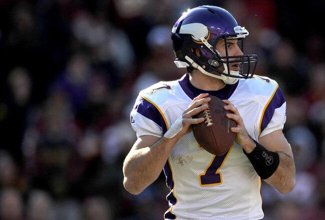 LANDOVER, MD - DECEMBER 24: Quarterback  Christian Ponder #7 of the Minnesota Vikings looks for open teammates against the Washington Redskins at FedEx Field on December 24, 2011 in Landover, Maryland. The Minnesota Vikings won, 33-26. (Photo by Patrick Smith/Getty Images)
