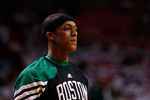 MIAMI, FL - MAY 30:  Rajon Rondo #9 of the Boston Celtics looks on during warm ups against the Miami Heat in Game Two of the Eastern Conference Finals in the 2012 NBA Playoffs on May 30, 2012 at American Airlines Arena in Miami, Florida. NOTE TO USER: User expressly acknowledges and agrees that, by downloading and or using this photograph, User is consenting to the terms and conditions of the Getty Images License Agreement.  (Photo by Mike Ehrmann/Getty Images)