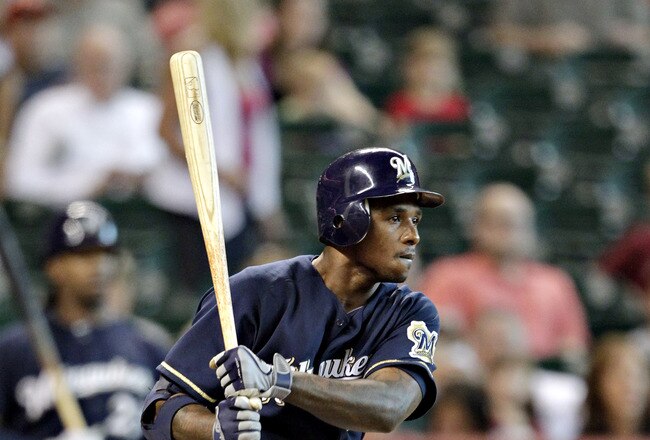 HOUSTON - MAY 16: Nyjer Morgan #2 of the Milwaukee Brewers grounds out against the Houston Astros at Minute Maid Park on May 16, 2012 in Houston, Texas.  (Photo by Bob Levey/Getty Images)