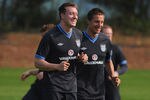LONDON COLNEY, ENGLAND - MAY 29: Phil Jones looks on with Phil Jagielka during the England training session on May 29, 2012 in London Colney, England.  (Photo by Michael Regan/Getty Images)