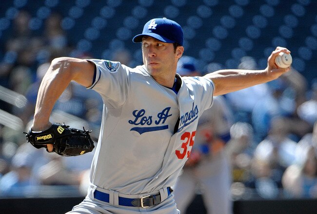 SAN DIEGO, CA - MAY 16:  Chris Capuano #35 of the Los Angeles Dodgers pitches during the first inning of a baseball game against the San Diego Padres at Petco Park on May 16, 2012 in San Diego, California. (Photo by Denis Poroy/Getty Images)