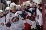 ANAHEIM, CA - NOVEMBER 19:  Rick Nash #61 of the Columbus Blue Jackets receives high fives from the bench after scoring a goal against the Anaheim Ducks in the first period at the Honda Center on November 19, 2010 in Anaheim, California.  (Photo by Jeff Gross/Getty Images)