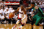 MIAMI, FL - MAY 30:  Dwyane Wade #3 of the Miami Heat drives in the second half against Rajon Rondo #9 of the Boston Celtics in Game Two of the Eastern Conference Finals in the 2012 NBA Playoffs on May 30, 2012 at American Airlines Arena in Miami, Florida. NOTE TO USER: User expressly acknowledges and agrees that, by downloading and or using this photograph, User is consenting to the terms and conditions of the Getty Images License Agreement.  (Photo by Mike Ehrmann/Getty Images)