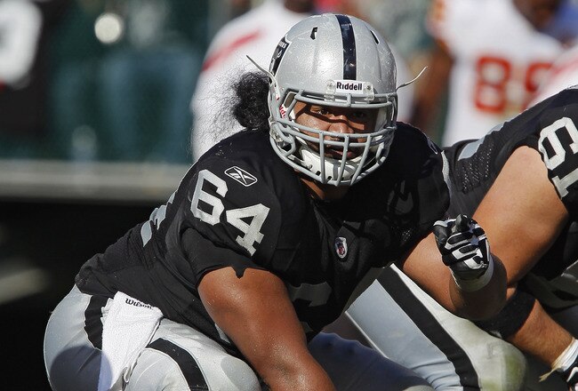 OAKLAND, CA - OCTOBER 23: Center Samson Satele #64 of the Oakland Raiders sizes up the Kansas City Chiefs defense on October 23, 2011 at O.co Coliseum in Oakland, California. The Chiefs won 28-0. (Photo by Brian Bahr/Getty Images)