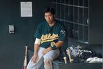 MINNEAPOLIS, MN - MAY 28: Kurt Suzuki #8 of the Oakland Athletics sits in the dugout after a loss to the Minnesota Twins on May 28, 2012 at Target Field in Minneapolis, Minnesota. The Twins defeated the Athletics 5-4. (Photo by Hannah Foslien/Getty Images)