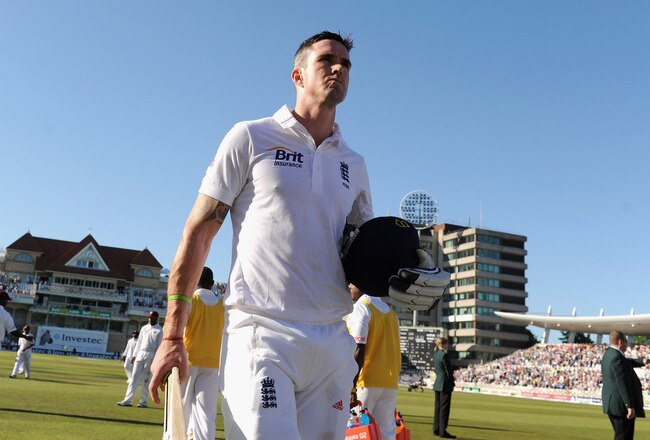 NOTTINGHAM, ENGLAND - MAY 26:  Kevin Pietersen of England leaves the field at the end of day two of the second Test match between England and the West Indies at Trent Bridge on May 26, 2012 in Nottingham, England.  (Photo by Gareth Copley/Getty Images)