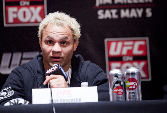 NEW YORK - MARCH 06:   UFC welterweight Josh Koscheck speaks at a press conference at Radio City Music Hall on March 06, 2012 in New York City.  UFC announced that their third event on the FOX network will take place on Saturday, May 5 from the IZOD Center in East Rutherford, N.J.. (Photo by Michael Nagle/Getty Images)