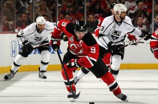 NEWARK, NJ - MAY 30: Zach Parise #9 of the New Jersey Devils handles the puck against the Los Angeles Kings during Game One of the 2012 NHL Stanley Cup Final at the Prudential Center on May 30, 2012 in Newark, New Jersey.  (Photo by Bruce Bennett/Getty Images)