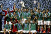KANSAS CITY, KS - APRIL 2:  Mexico celebrates a win over Honduras in the 2012 CONCACAF Men's Olympic Qualifying Finals at Livestrong Sporting Park on April 2, 2012 in Kansas City, Kansas. (Photo by Ed Zurga/Getty Images)