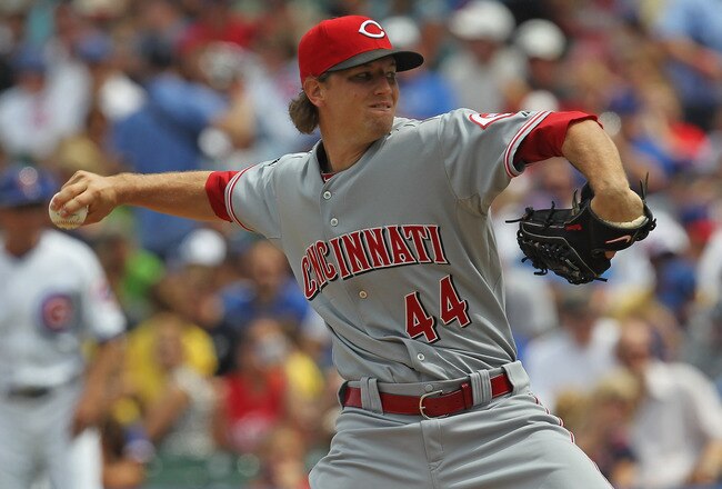 CHICAGO, IL - AUGUST 05: Starting pitcher Mike Leake #44 of the Cincinnati Reds delivers the ball against the Chicago Cubs at Wrigley Field on August 5, 2011 in Chicago, Illinois. (Photo by Jonathan Daniel/Getty Images)