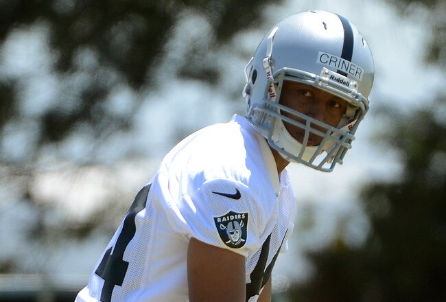 ALAMEDA, CA - MAY 12:  Juron Criner #84 of the Oakland Raiders looks on ready to run a pass rout during the Raiders Rookie Minicamp on May 12, 2012 at the Oakland Raiders Training Facility in Alameda, California.  (Photo by Thearon W. Henderson/Getty Images)