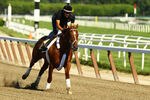 ELMONT, NY - JUNE 01:  Triple Crown hopeful I'll Have Another is ridden by exercise rider Jonny Garcia during a morning workout at Belmont Park on June 1, 2012 in Elmont, New York.   (Photo by Al Bello/Getty Images)