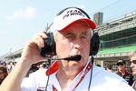 INDIANAPOLIS, IN - MAY 19: Roger Penske the owner of the #2 IZOD Team  Penske car watches car speeds during qualifying for the Indianapolis 500 at Indianapolis Motor Speedway on May 19, 2012 in Indianapolis, Indiana.  (Photo by Andy Lyons/Getty Images)