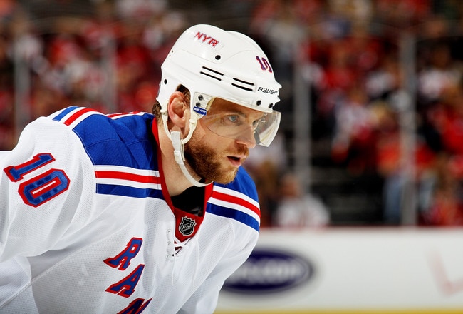 NEWARK, NJ - MAY 21:  Marian Gaborik #10 of the New York Rangers looks on in Game Four of the Eastern Conference Final during the 2012 NHL Stanley Cup Playoffs at the Prudential Center on May 21, 2012 in Newark, New Jersey.  (Photo by Bruce Bennett/Getty Images)