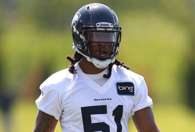 RENTON, WA - MAY 11:  Defensive end Bruce Irvin #51 of the Seattle Seahawks looks on during minicamp at the Virginia Mason Athletic Center on May 11, 2012 in Renton, Washington. (Photo by Otto Greule Jr/Getty Images)