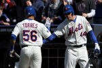 NEW YORK, NY - APRIL 05:  (L-R) Andres Torres #56 and Jason Bay #44 of the New York Mets celebrate after Torres scored on an RBI single hit by David Wright #5 in the bottom of the sixth inning against the Atlanta Braves during their Opening Day Game at Citi Field on April 5, 2012 in New York City.  (Photo by Nick Laham/Getty Images)