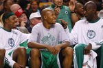 BOSTON - DECEMBER 07:   Paul Pierce #34, Ray Allen #20 and Kevin Garnett #5 of the Boston Celtics tries have fun on the bench in the fourth quarter against the Toronto Raptors on December 7, 2007 at the TD Banknorth Garden in Boston, Massachusetts. The Boston Celtics defeated the Toronot Raptors 112-84. NOTE TO USER: User expressly acknowledges and agrees that, by downloading and or using this Photograph, user is consenting to the terms and conditions of the Getty Images License Agreement.  (Photo by Elsa/Getty Images)