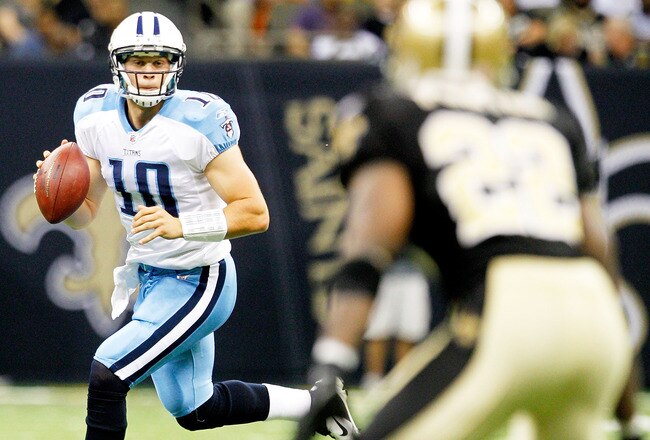 NEW ORLEANS, LA - SEPTEMBER 01: Jake Locker #10 of the Tennessee Titans drops back to pass against the New Orleans Saints during their pre season game at Louisiana Superdome on September 1, 2011 in New Orleans, Louisiana (Photo by Sean Gardner/ Getty Images)